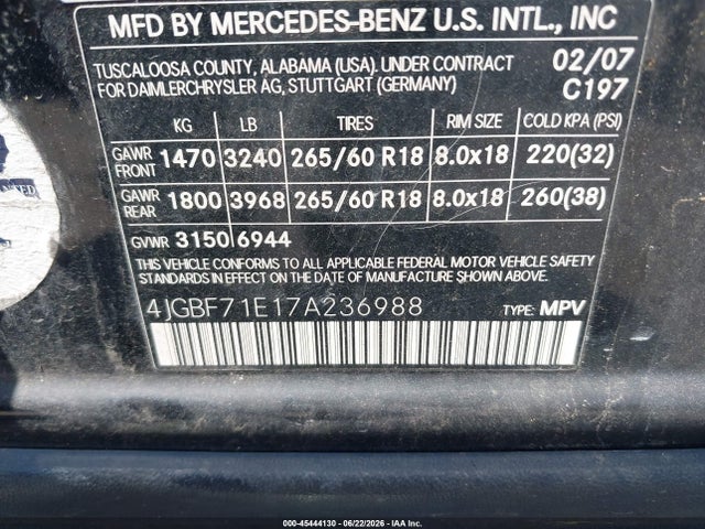 Продаж на аукціоні авто 2007 Mercedes-benz Gl 450 4matic, vin: 4JGBF71E17A236988, номер лоту: 45444130