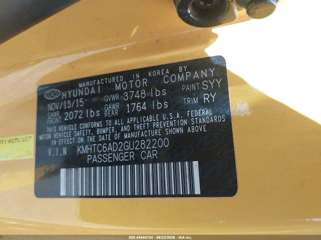2016 Hyundai Veloster მანქანა იყიდება აუქციონზე, vin: KMHTC6AD2GU282200, აუქციონის ნომერი: 45444154