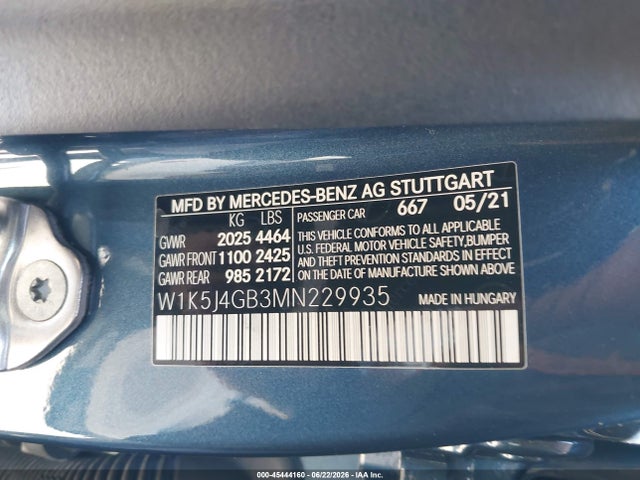 2021 Mercedes-benz Cla 250 მანქანა იყიდება აუქციონზე, vin: W1K5J4GB3MN229935, აუქციონის ნომერი: 45444160
