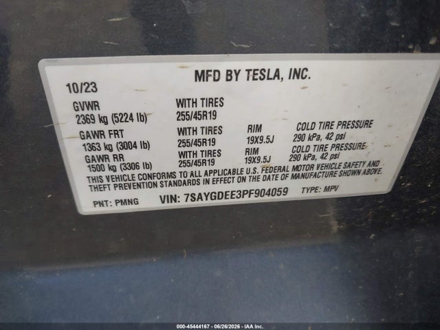 Продаж на аукціоні авто 2023 Tesla Model Y, vin: 7SAYGDEE3PF904059, номер лоту: 45444167