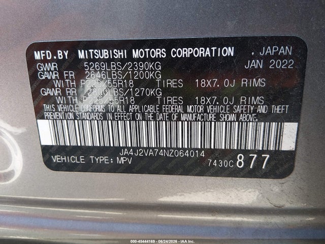 Aukcja sprzedaży 2022 Mitsubishi Outlander Phev Gt S-awc/le S-awc/sel S-awc, vin: JA4J2VA74NZ064014, numer aukcji: 45444169