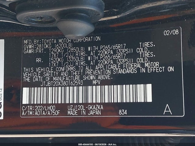 Aukcja sprzedaży 2008 Lexus Gx 470, vin: JTJBT20X380162593, numer aukcji: 45444193