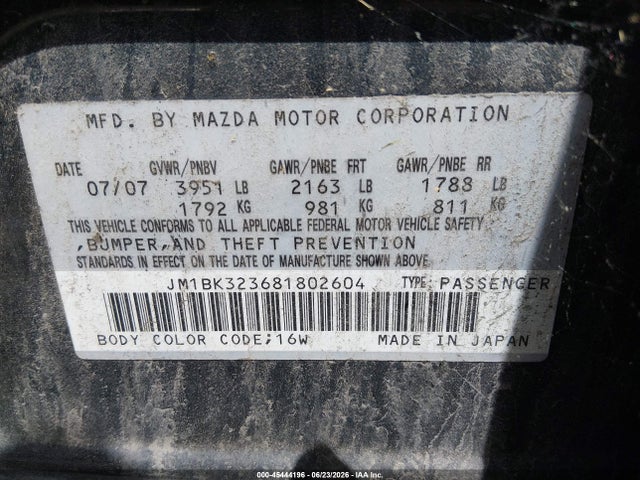 Aukcja sprzedaży 2008 Mazda Mazda3 S Touring, vin: JM1BK323681802604, numer aukcji: 45444196