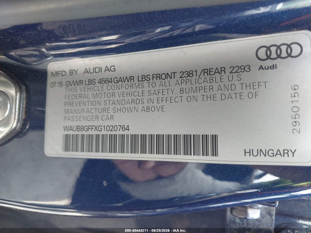 Aukcja sprzedaży 2016 Audi A3 2.0t Premium, vin: WAUB8GFFXG1020764, numer aukcji: 45444211
