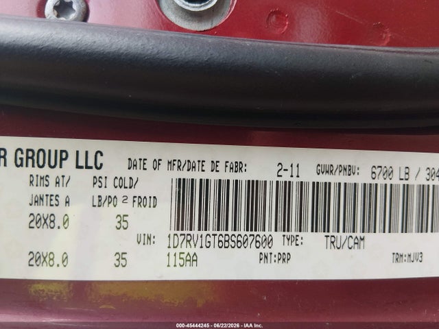 2011 Ram Ram 1500 Slt მანქანა იყიდება აუქციონზე, vin: 1D7RV1GT6BS607600, აუქციონის ნომერი: 45444245