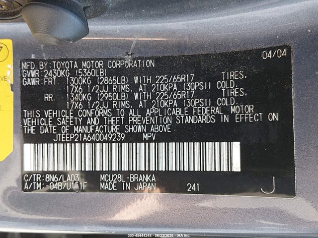 2004 Toyota Highlander Limited V6 მანქანა იყიდება აუქციონზე, vin: JTEEP21A640049239, აუქციონის ნომერი: 45444248