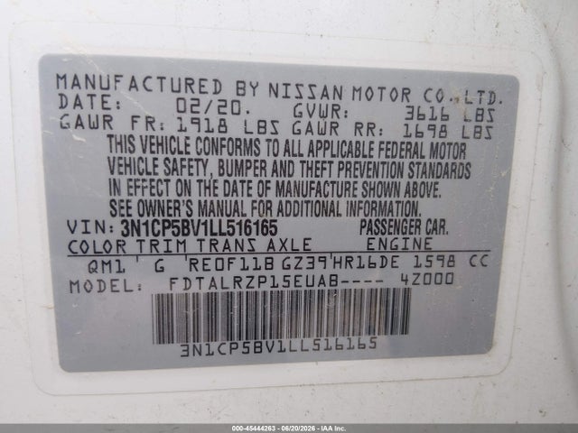 Aukcja sprzedaży 2020 Nissan Kicks S Xtronic Cvt, vin: 3N1CP5BV1LL516165, numer aukcji: 45444263