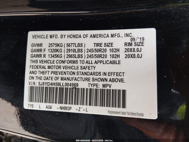 2020 Acura Mdx Technology Package მანქანა იყიდება აუქციონზე, vin: 5J8YD4H59LL004969, აუქციონის ნომერი: 45444269