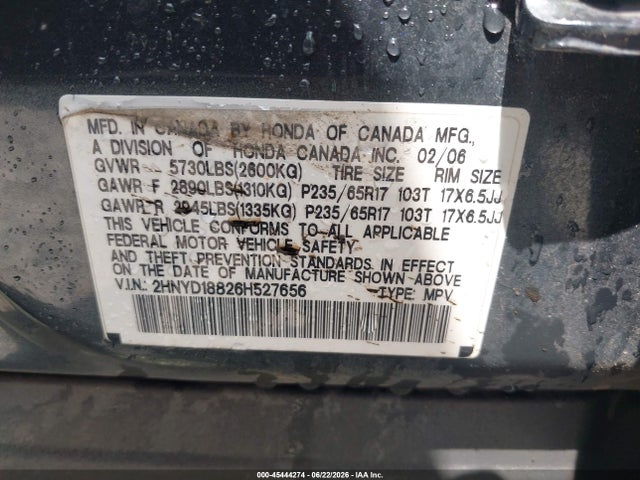 45444274 :رقم المزاد ، 2HNYD18826H527656 vin ، 2006 Acura Mdx مزاد بيع