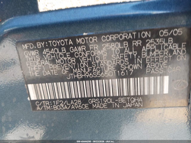 Aukcja sprzedaży 2006 Lexus Gs 300, vin: JTHBH96S565011617, numer aukcji: 45444290
