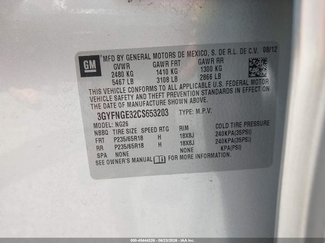 2012 Cadillac Srx Standard მანქანა იყიდება აუქციონზე, vin: 3GYFNGE32CS653203, აუქციონის ნომერი: 45444326