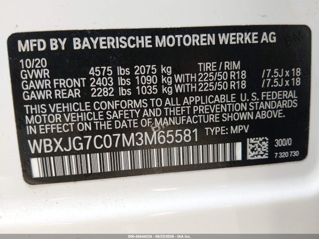 Продажа на аукционе авто 2021 Bmw X1 Sdrive28i, vin: WBXJG7C07M3M65581, номер лота: 45444334