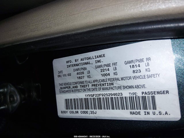 45444341 :رقم المزاد ، 1YVGF22F925294623 vin ، 2002 Mazda 626 Es V6/lx V6 مزاد بيع