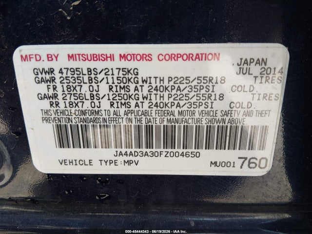 Aukcja sprzedaży 2015 Mitsubishi Outlander Se, vin: JA4AD3A30FZ004650, numer aukcji: 45444343