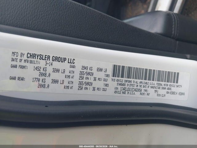 Продажа на аукционе авто 2014 Dodge Durango Limited, vin: 1C4RDJDG1EC462050, номер лота: 45444355