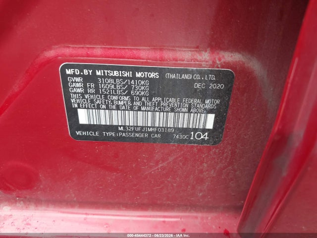 Aukcja sprzedaży 2021 Mitsubishi Mirage G4 Carbonite Edition/es/le, vin: ML32FUFJ1MHF03189, numer aukcji: 45444372