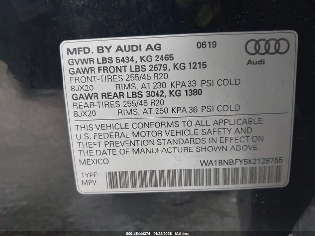 Продажа на аукционе авто 2019 Audi Q5 45 Premium, vin: WA1BNBFY5K2128755, номер лота: 45444374