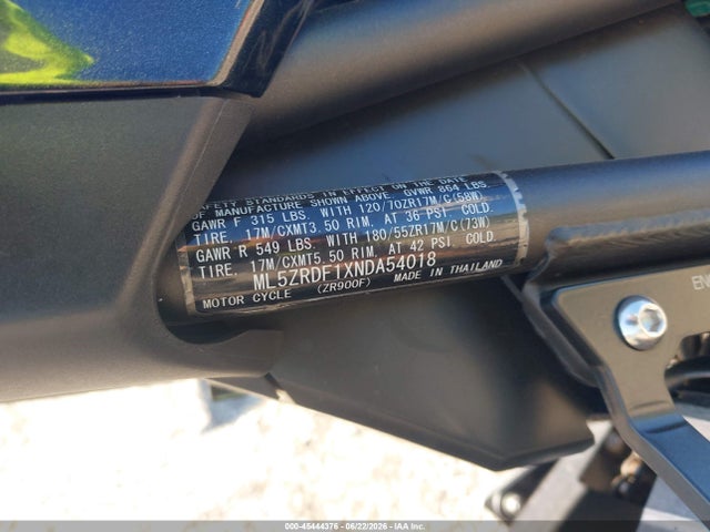 2022 Kawasaki Zr900 F მანქანა იყიდება აუქციონზე, vin: ML5ZRDF1XNDA54018, აუქციონის ნომერი: 45444376