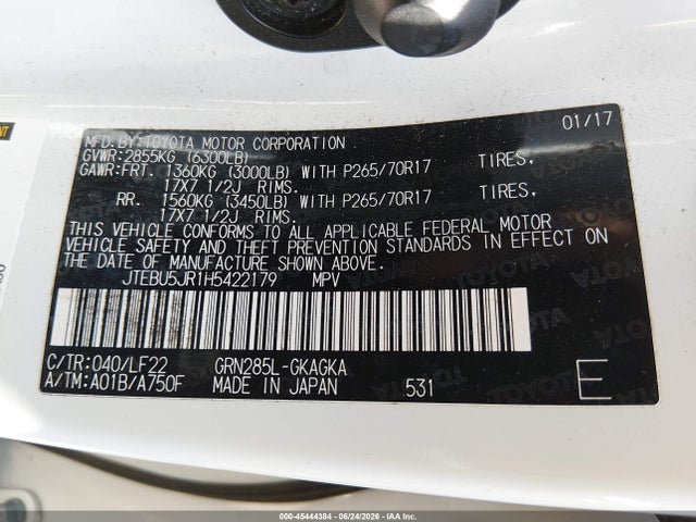 2017 Toyota 4runner Trd Pro მანქანა იყიდება აუქციონზე, vin: JTEBU5JR1H5422179, აუქციონის ნომერი: 45444384