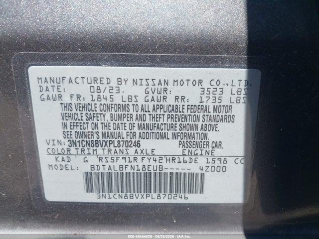 Aukcja sprzedaży 2023 Nissan Versa S 5-speed Manual Transmission, vin: 3N1CN8BVXPL870246, numer aukcji: 45444428