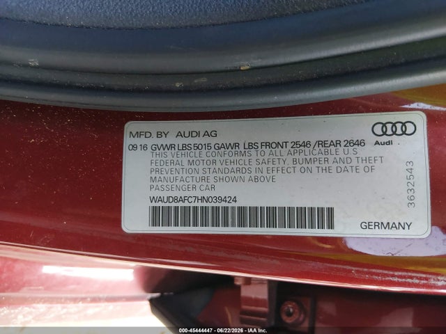 45444447 :رقم المزاد ، WAUD8AFC7HN039424 vin ، 2017 Audi A6 Premium Plus مزاد بيع