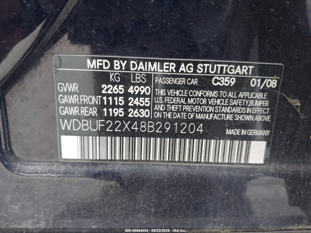 45444454 :رقم المزاد ، WDBUF22X48B291204 vin ، 2008 Mercedes-benz E 320 Bluetec مزاد بيع