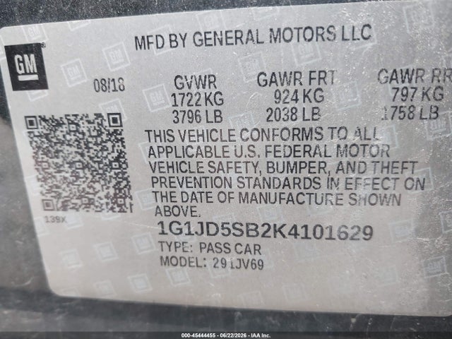Auction sale of the 2019 Chevrolet Sonic Lt Auto, vin: 1G1JD5SB2K4101629, lot number: 45444455