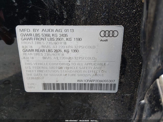 45444457 :رقم المزاد ، WA1CFAFP2DA055307 vin ، 2013 Audi Q5 2.0t Premium مزاد بيع