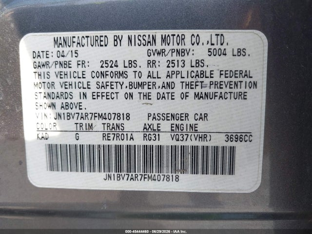 Продаж на аукціоні авто 2015 Infiniti Q50 Premium, vin: JN1BV7AR7FM407818, номер лоту: 45444460
