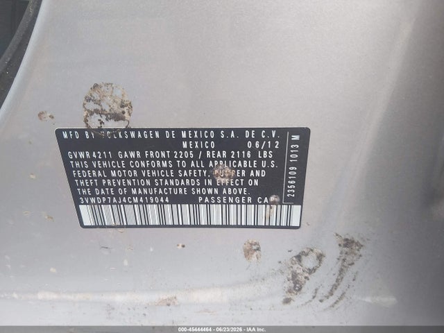 Aukcja sprzedaży 2012 Volkswagen Jetta 2.5l Se, vin: 3VWDP7AJ4CM419044, numer aukcji: 45444464
