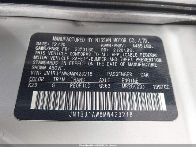Aukcja sprzedaży 2021 Nissan Rogue Sport S Awd Xtronic Cvt, vin: JN1BJ1AW8MW423218, numer aukcji: 45444470