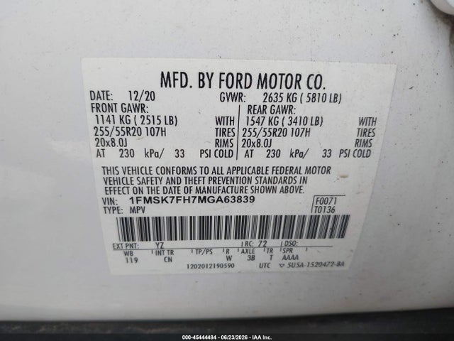 45444484 :رقم المزاد ، 1FMSK7FH7MGA63839 vin ، 2021 Ford Explorer Limited مزاد بيع