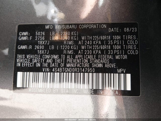 Aukcja sprzedaży 2024 Subaru Outback Limited Xt, vin: 4S4BTGND0R3147950, numer aukcji: 45444507