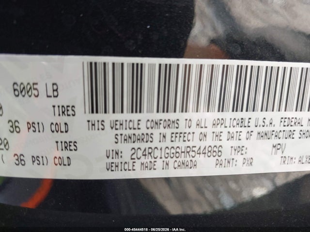 45444518 :رقم المزاد ، 2C4RC1GG6HR544866 vin ، 2017 Chrysler Pacifica Limited مزاد بيع