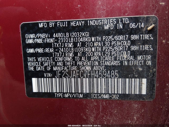 45444524 :رقم المزاد ، JF2SJAFC7FH459485 vin ، 2015 Subaru Forester 2.5i Premium مزاد بيع