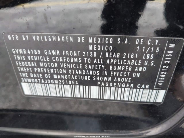 Продажа на аукционе авто 2016 Volkswagen Jetta 1.4t Se, vin: 3VWD67AJ3GM291954, номер лота: 45444526