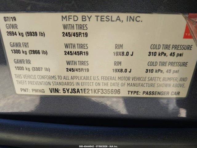 Tesla Model S 100d/75d/long Range/standard Range 2019 5YJSA1E21KF335696 Image 9