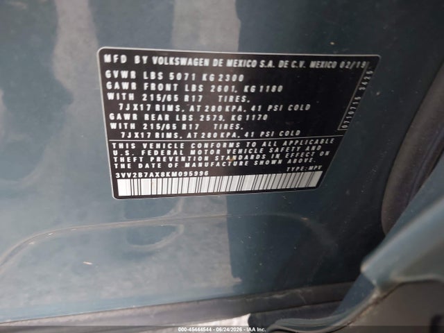 Продаж на аукціоні авто 2019 Volkswagen Tiguan 2.0t Se/2.0t Sel/2.0t Sel R-line/2.0t Sel R-line Black, vin: 3VV2B7AX8KM095996, номер лоту: 45444544