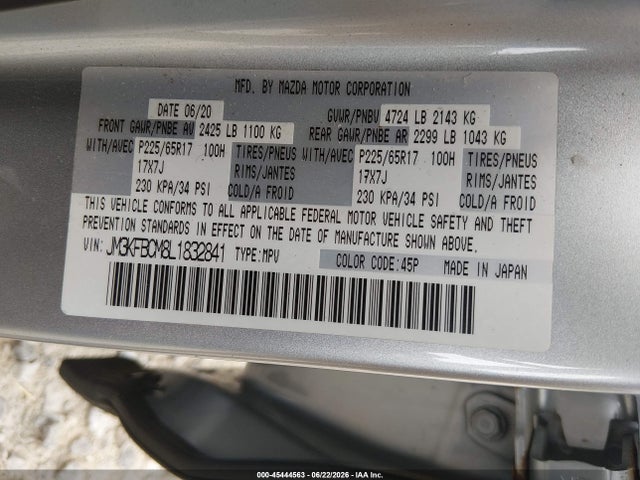 Aukcja sprzedaży 2020 Mazda Cx-5 Touring, vin: JM3KFBCM8L1832841, numer aukcji: 45444563