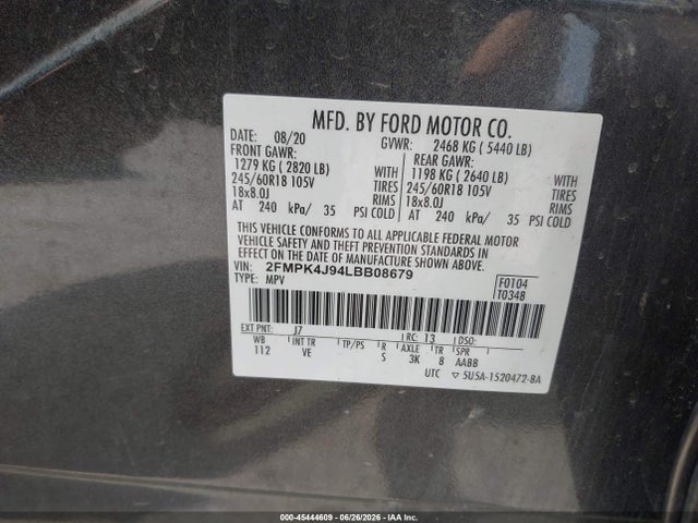 2020 Ford Edge Sel მანქანა იყიდება აუქციონზე, vin: 2FMPK4J94LBB08679, აუქციონის ნომერი: 45444609