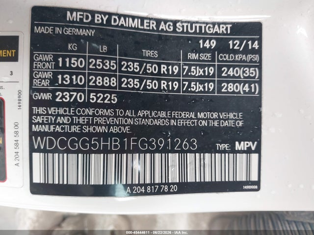 45444611 :رقم المزاد ، WDCGG5HB1FG391263 vin ، 2015 Mercedes-benz Glk 350 مزاد بيع