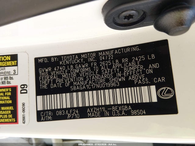 Продаж на аукціоні авто 2022 Lexus Es 300h F Sport, vin: 58AGA1C17NU019963, номер лоту: 45444628