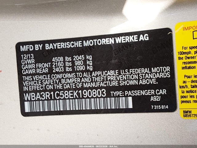 Aukcja sprzedaży 2014 Bmw 435i, vin: WBA3R1C58EK190803, numer aukcji: 45444636