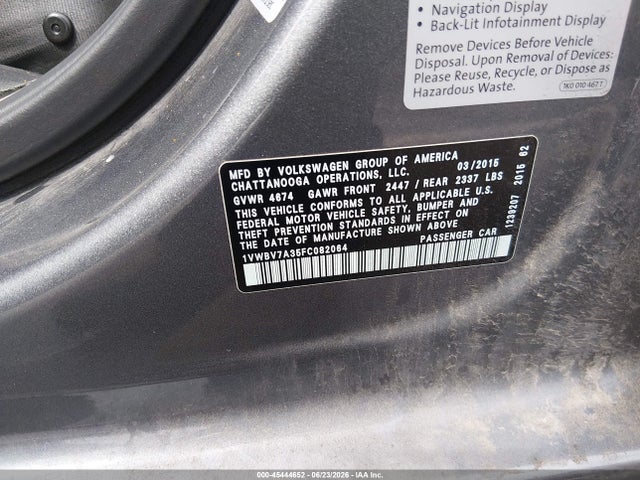 2015 Volkswagen Passat 2.0l Tdi Se მანქანა იყიდება აუქციონზე, vin: 1VWBV7A35FC082064, აუქციონის ნომერი: 45444652