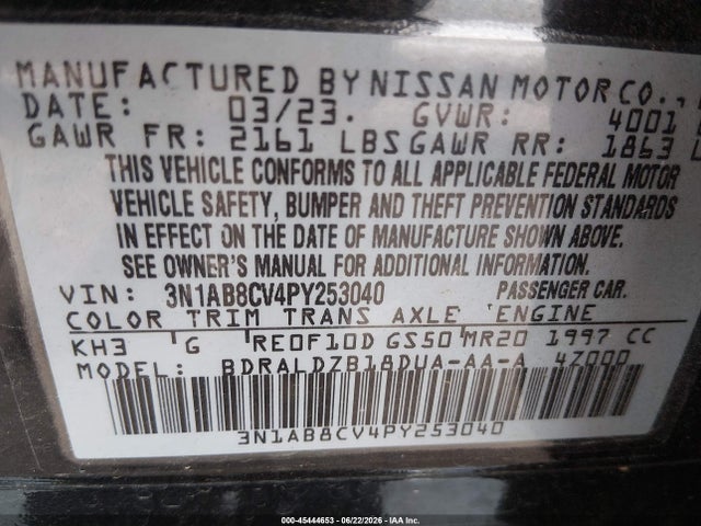 Aukcja sprzedaży 2023 Nissan Sentra Sv Xtronic Cvt, vin: 3N1AB8CV4PY253040, numer aukcji: 45444653