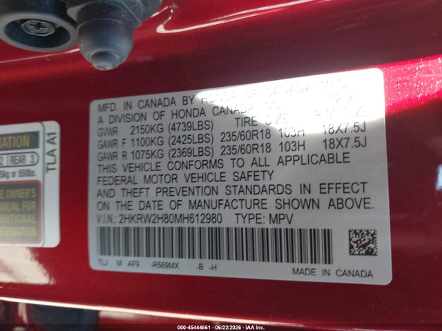 2HKRW2H80MH612980 Honda Cr-v Awd Ex-l