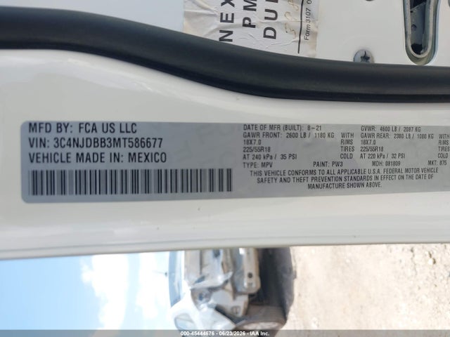 Продажа на аукционе авто 2021 Jeep Compass Altitude 4x4, vin: 3C4NJDBB3MT586677, номер лота: 45444676