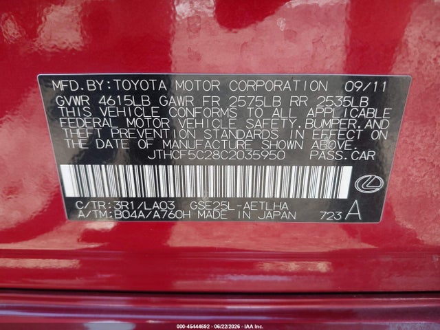 Aukcja sprzedaży 2012 Lexus Is 250, vin: JTHCF5C28C2035950, numer aukcji: 45444692