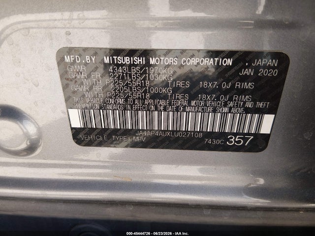 45444726 :رقم المزاد ، JA4AP4AUXLU027108 vin ، 2020 Mitsubishi Outlander Sport 2.0 Se مزاد بيع