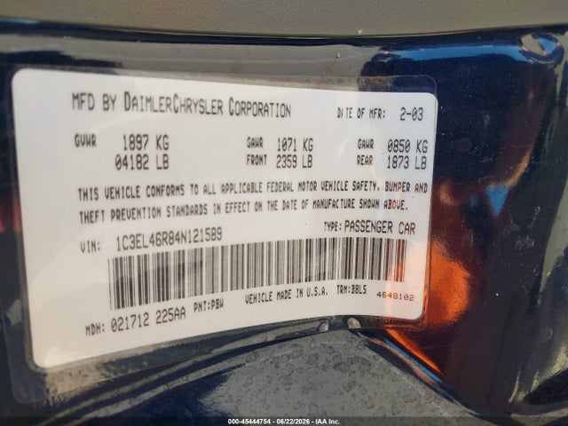 2004 Chrysler Sebring Lx მანქანა იყიდება აუქციონზე, vin: 1C3EL46R84N121589, აუქციონის ნომერი: 45444754